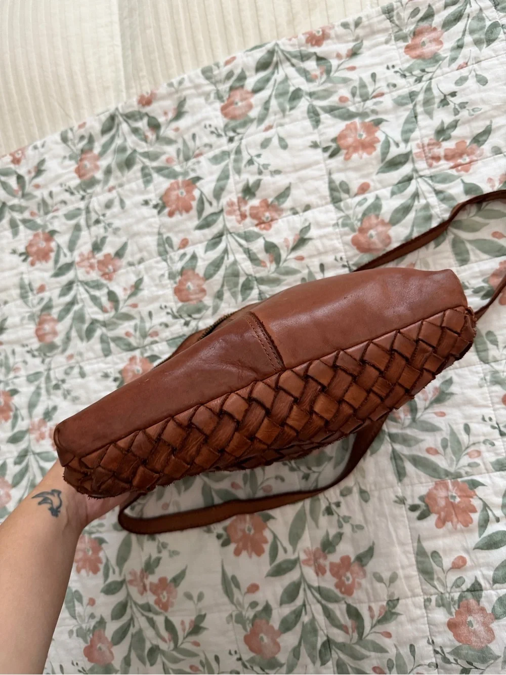 PIKOLINOS Woven Leather Crossbody Bag in Cognac Brown